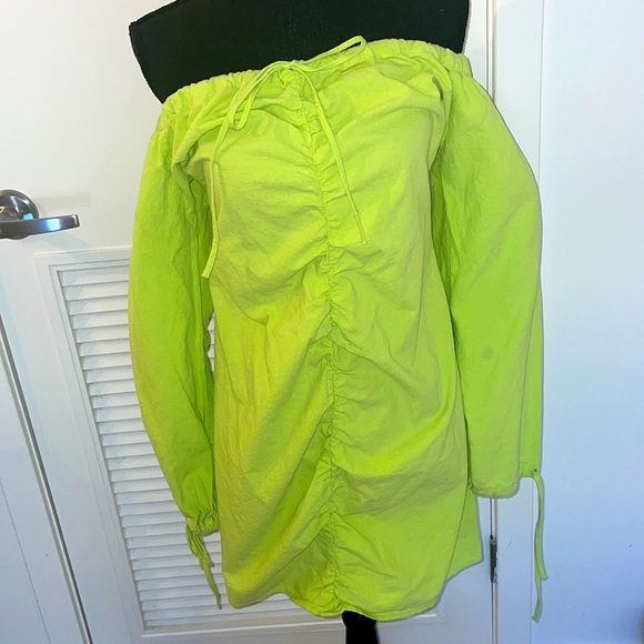 ASOS Draw String Off the Shoulder Lime Green Mini Dress Size 10 - Picture 4 of 11